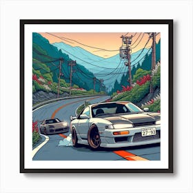 Japanese cars drifitng down a mountain pass 1 Art Print