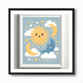 Light and Dark - Graphic Wall Art of a Sun and a Moon with Stars and Clouds Art Print