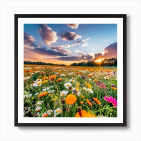 Field Of Flowers At Sunset Art Print