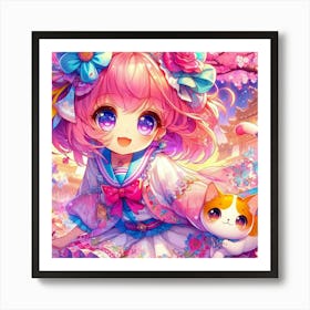 Anime Girl With Cat 4 Art Print