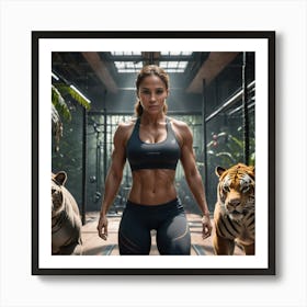 Fitness Model Poses With Tigers Art Print