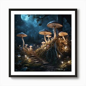 Mushroom Forest At Night Art Print