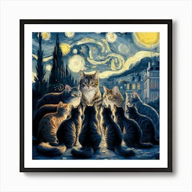 van gogh starry night and cats Art Print