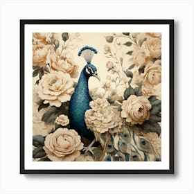 Cream Vintage Floral Peacock Wallpaper Art Print 3 Art Print