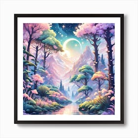 A Fantasy Forest With Twinkling Stars In Pastel Tone Square Composition 284 Art Print