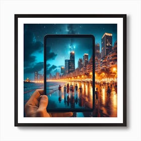 Hand Holding A Tablet showing couple At Night time Art Print