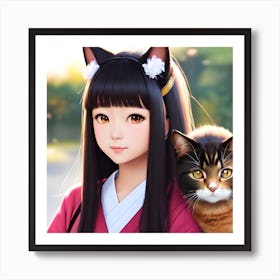 Kawaii anime portrait Rain with cat Art Print