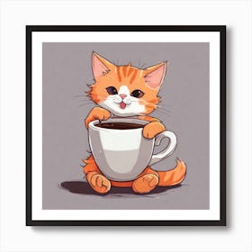 Cute Orange Kitten Loves Coffee Square Composition 23 Art Print