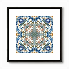 Moroccan Tile, Oriental Art, North African Ethnic Decor in Blue and Orange 2 Art Print