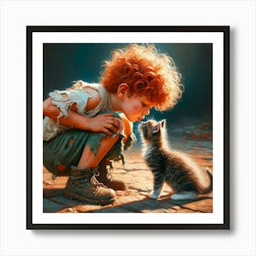 Little Boy Kissing A Kitten Art Print