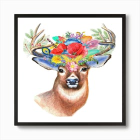 Deer With Flowers On His Head 1 Art Print