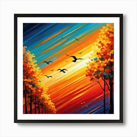 Sunset With Birds Art Print