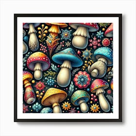 Seamless Pattern With Mushrooms And Flowers Art Print