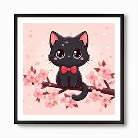 Cute Black Cat With Cherry Blossoms 1 Art Print