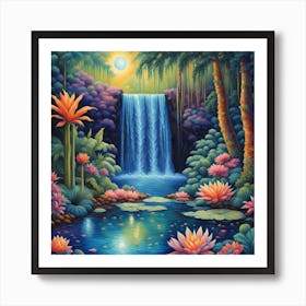 Nature’s Symphony: Waterfall Serenade in a Lush Autumnal Forest wall art Art Print