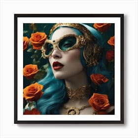 A Woman With Blue Hair And A Steampunk Mask, In The Style Of Byzantine Gold Leaf Accents, Dark Orang Art Print