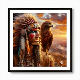 Oil Texture Native American Indian With Hawk On Shoulder Art Print