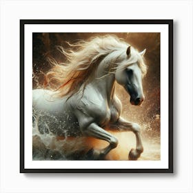 White Horse Running In Water Art Print