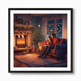 Christmas Family Sitting In Front Of Fireplace Art Print