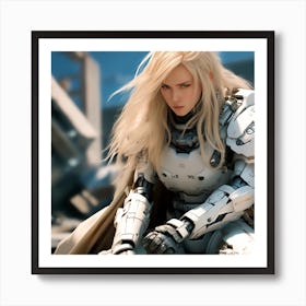 3d Dslr Photography A Man With Long Blonde Hair Sitting On The Battlefield Ground, Cyberpunk Art, By Krenz Cushart, Wears A Suit Of Power Armor, Closeup Character Portrait, Strong Detailed Digital Art, Artgerm An Art Print