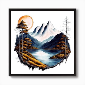 Scenic Mountain Landscape With Lakes And Trees Art Print