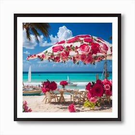Roses Umbrella On The Beach Art Print