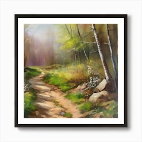 Path In The Woods.A dirt footpath in the forest. Spring season. Wild grasses on both ends of the path. Scattered rocks. Oil colors.22 Art Print