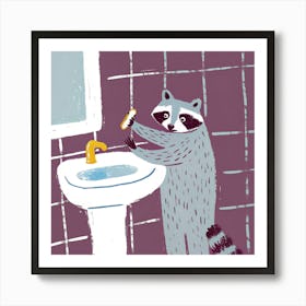 Raccoon Brushing His Teeth Art Print