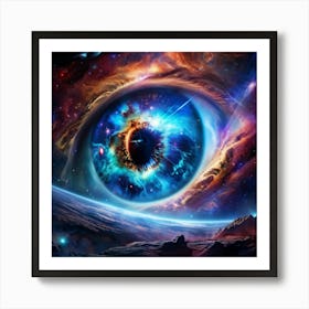 Alien Eye Iridescent Swirls Within Its Pupil Reflecting A Ufo Stars And Nebulae Scattered Across T Art Print