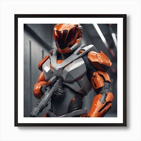 A Futuristic Warrior Stands Tall, His Gleaming Suit And Orange Visor Commanding Attention 2 Art Print