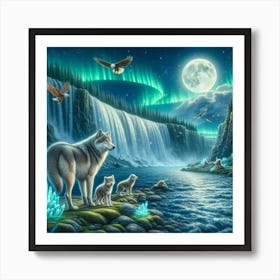 Wolf Family by Waterfall Under Full Moon and Aurora Borealis Art Print