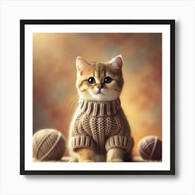 Adorable Cat in Cozy Sweater Wall Art: A Heartwarming Scene for Cat Lovers and Whimsical Decor Print Art Art Print