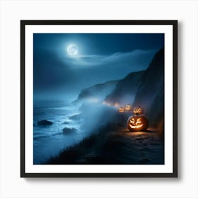 Ghostly Jack O Lanterns Glowing Eerily Beside A Winding Coastal Path Mist Hovering Over The Ocean (4) Art Print