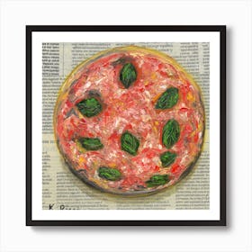 Red Pizza with Cheese and Basil Italy Kitchen Food On Newspaper Italian Oil Painting Rustic Farmhouse Decor Art Print