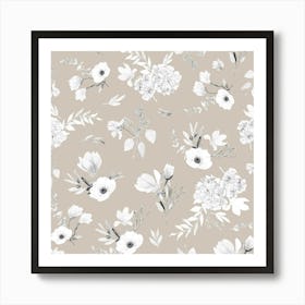 Geranium Flowers Beige White Art Print