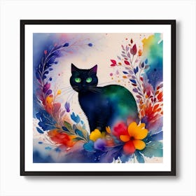 Black Cat With Flowers 4 Art Print