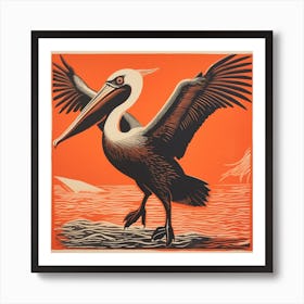 Retro Bird Lithograph Brown Pelican 2 Art Print