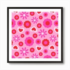 CHARMING Valentines Friendship Feminine Love Hearts Flowers in Pink and Red Art Print