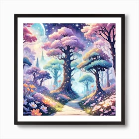 A Fantasy Forest With Twinkling Stars In Pastel Tone Square Composition 395 Art Print