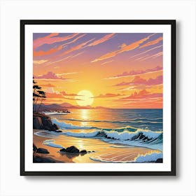 A Painting Of A Sunset With Seagulls Flying Above The Ocean (1) Art Print