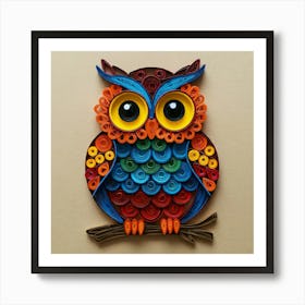 A Colorful Quilled Paper Owl With Large Eyes On A Beige Background Art Print