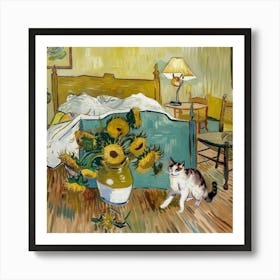 van goth irises with cat and vases Cat In The Bedroom Poster