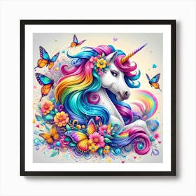 Unicorn With Flowers And Butterflies Art Print