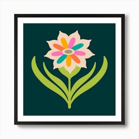 TAMI Mid-Century Modern Retro Floral with Single Pointed Daisy Flower in Bright Colours on Dark Teal Art Print