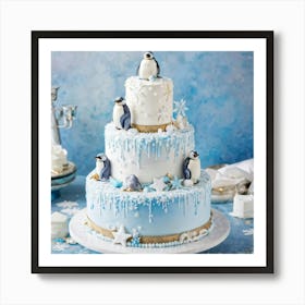 Penguins March Around The Base Of A Tiered Cake Decorated In Shades Of Cool Blue And White Adorned Affiche