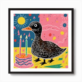 Colourful Birthday Duckling Linocut Style 2 Art Print
