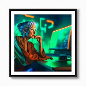 Middle Aged Woman Looking At Futuristic Computer Screen With Green Ambient Background Art Print