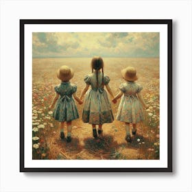 Three Little Girls In A Field Art Print