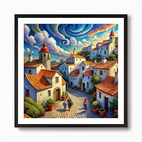 A Surreal Painting Depicting A Quaint Village 1 Art Print