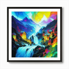 Abstract art stained glass art of a mountain village in watercolor Art Print